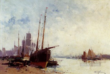 Boat Painting - Shipping In The Docks boat gouache impressionism Eugene Galien Laloue